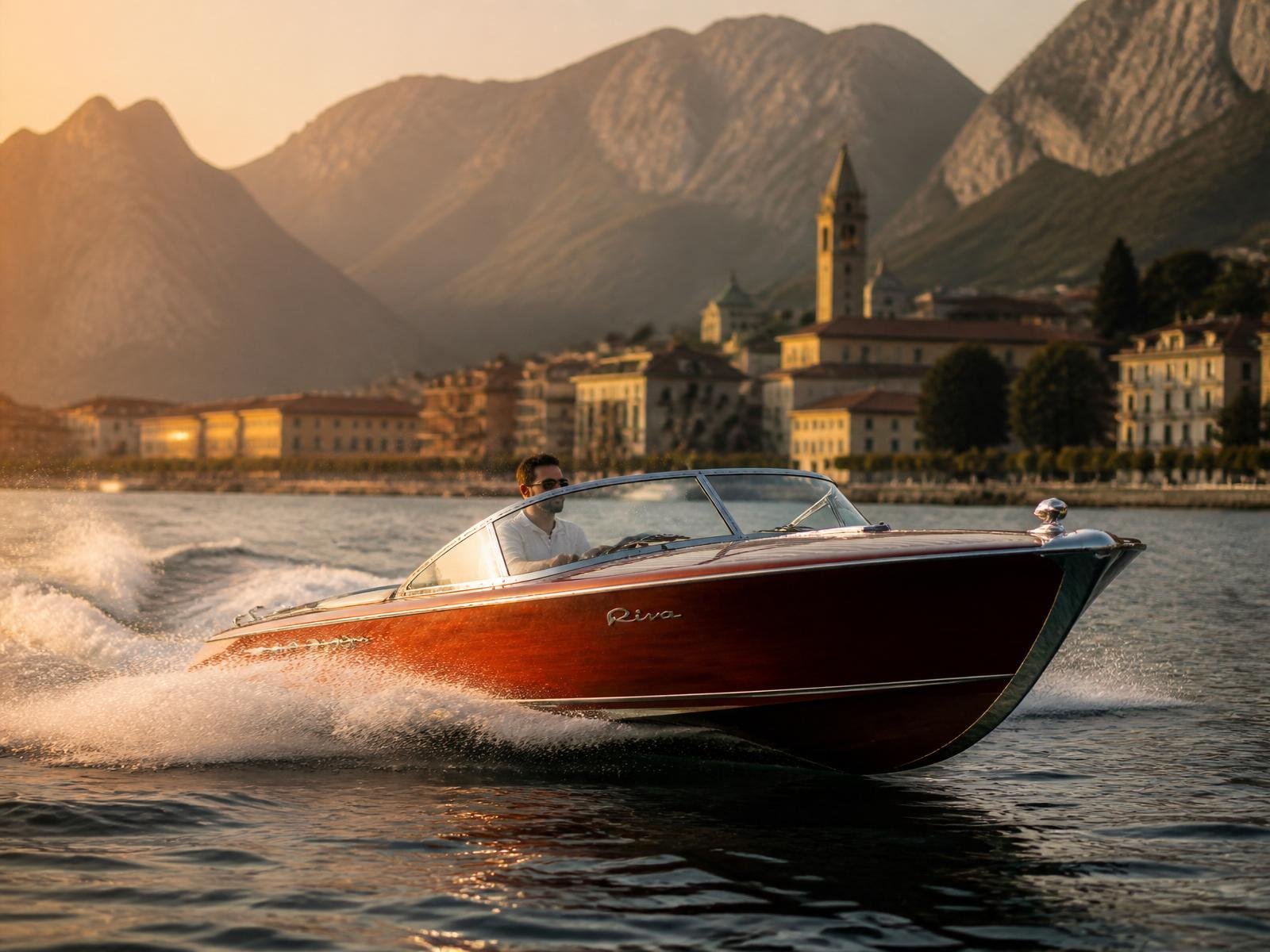 Barca Riva che sfreccia sul Lago di Como davanti a Lecco